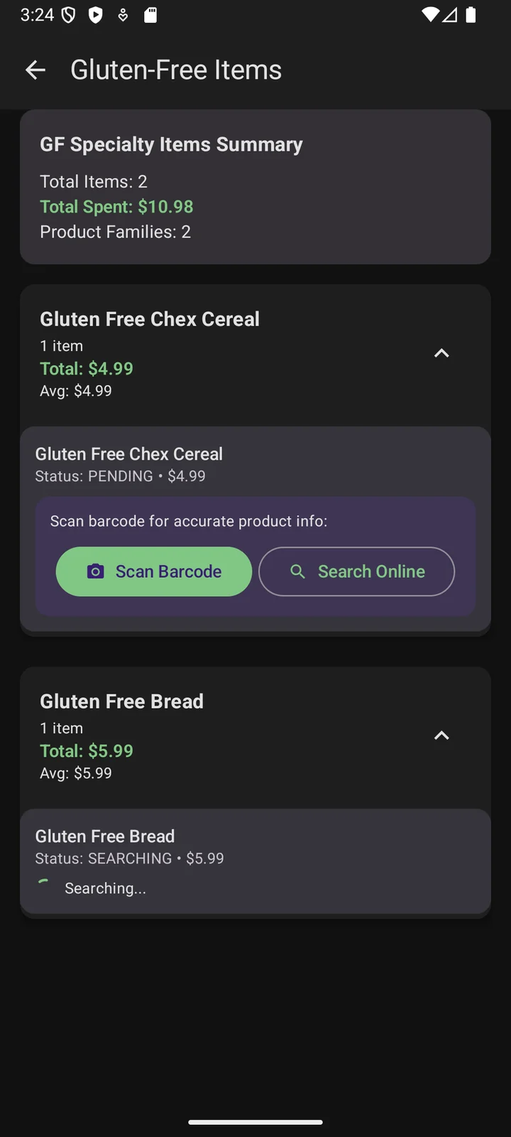 Celiac Saver — spending summary view
